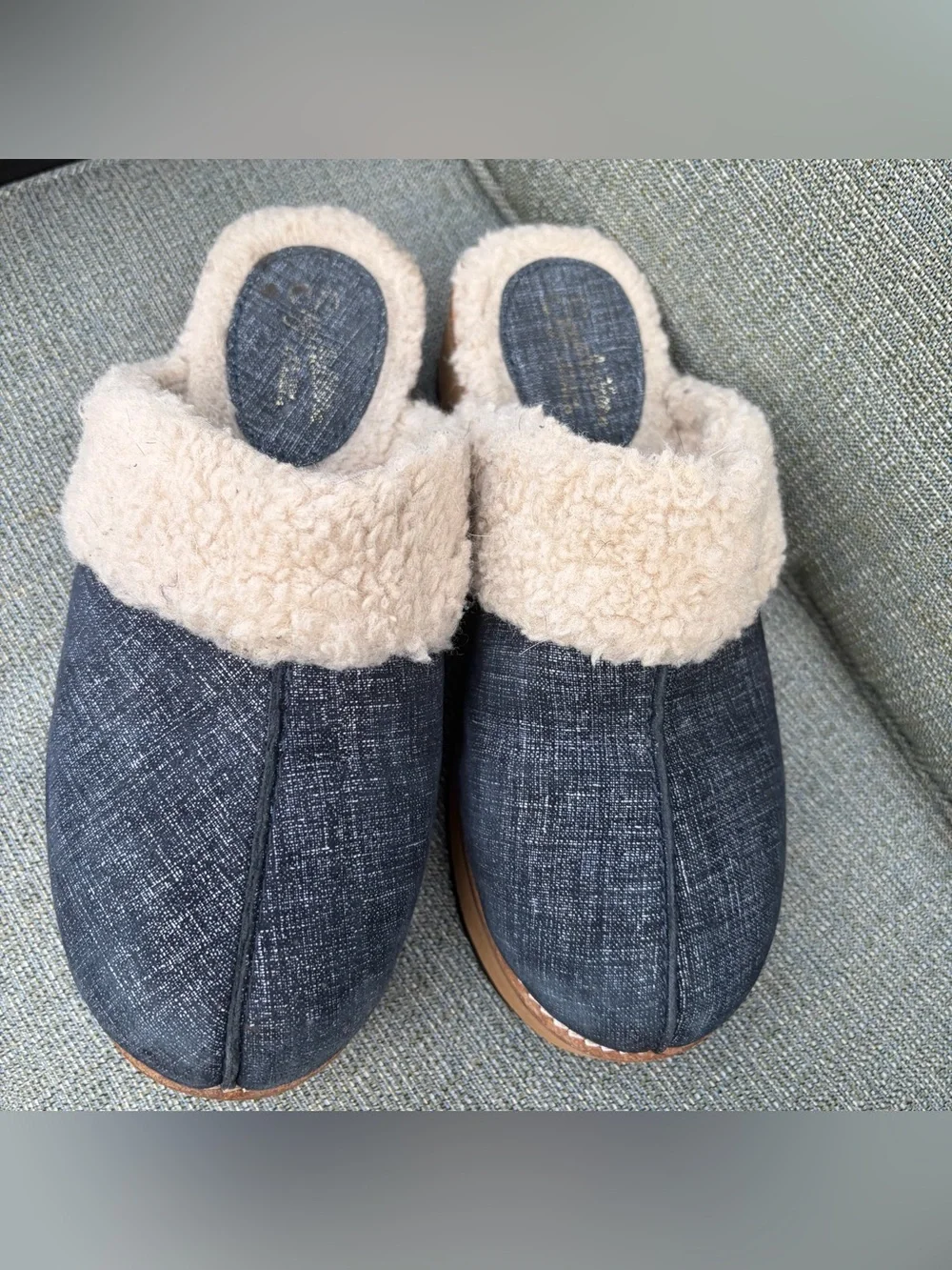 Seychelles Platform Mules Clogs Denim Plush Shearling Size 6 Wedge Cozy